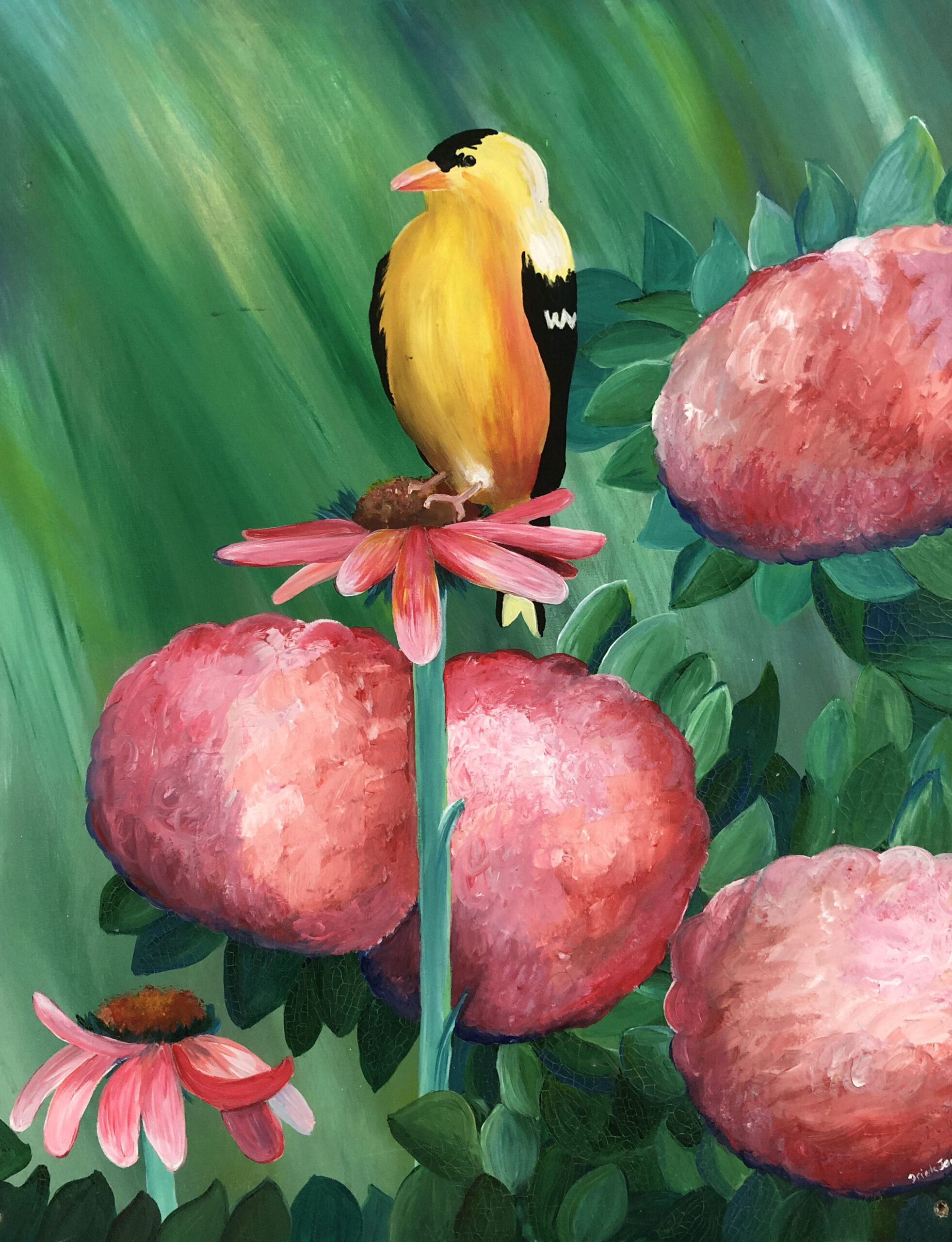 Painting of yellow bird on flower